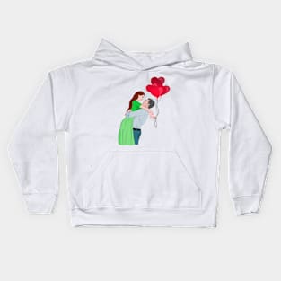 Couple Hugging While Holding Heart Shaped Balloons Kids Hoodie